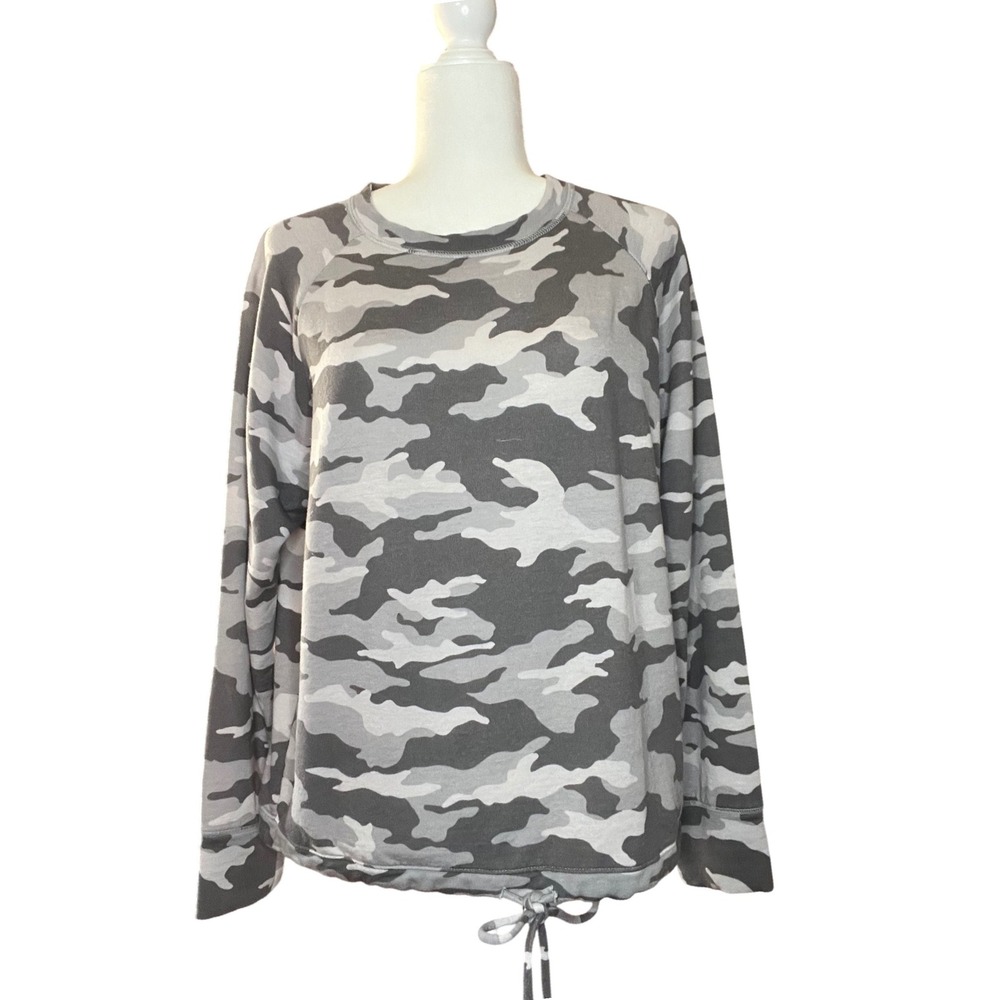 Gap‎ Womens Camo Sweatshirt Gray White Camouflage Drawstring Hem Raglan Sleeve L